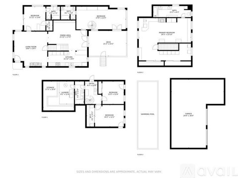 A set of four floor plans for a house with the text "SIZES AND DIMENSIONS ARE APPROXIMATE, ACTUAL MAY VARY" at the bottom.