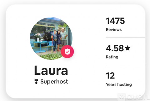A profile picture of a person named Laura who is a Superhost with a 4.58 rating and 12 years of hosting experience.