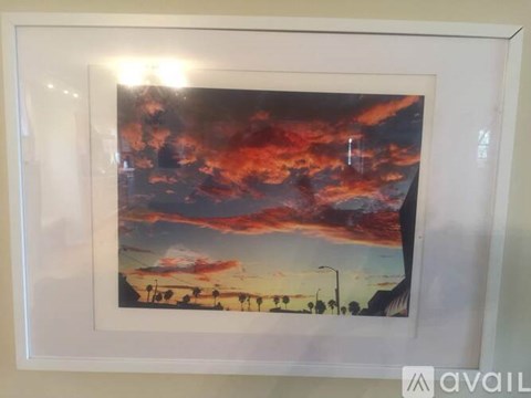 A framed artwork of a sunset with a streetlight and palm trees.