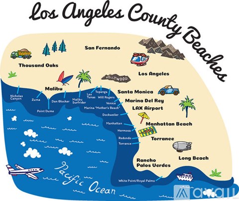 A map of Los Angeles County Beaches.