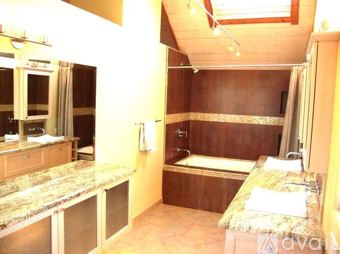 A bathroom with a marble countertop and a bathtub.