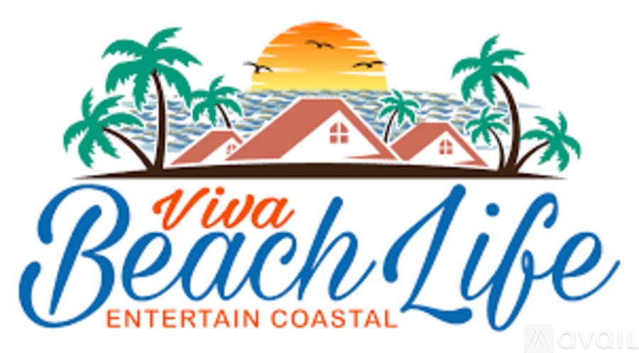 A logo for Viva Beach Life featuring palm trees, a sunset, and a house.