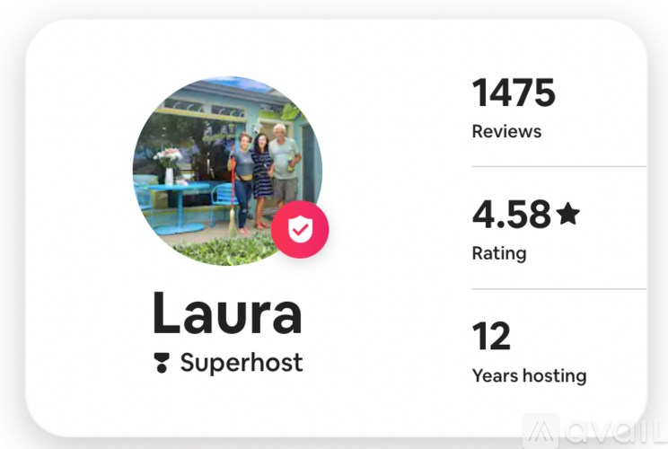 A profile picture of a person named Laura who is a Superhost with a 4.58 rating and 12 years of hosting experience.