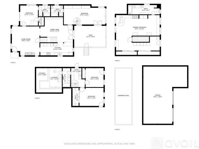 A set of four floor plans for a house with the text "SIZES AND DIMENSIONS ARE APPROXIMATE, ACTUAL MAY VARY" at the bottom.