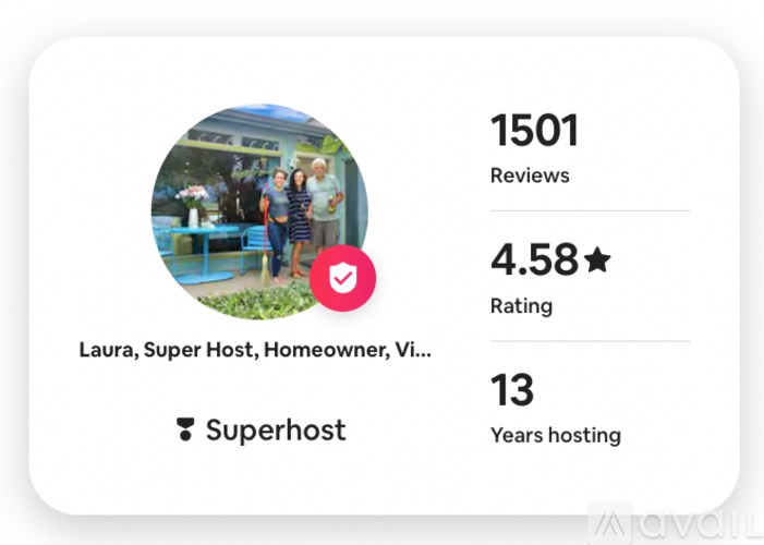 A profile summary of a Superhost named Laura with a 4.58 rating, 13 years of hosting experience, and 1501 reviews.