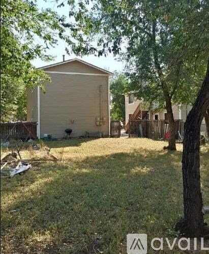 A backyard with a shed and a tree.