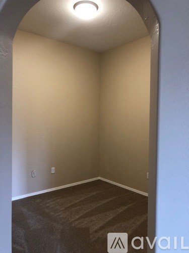 A room with a carpeted floor and a light on the ceiling.