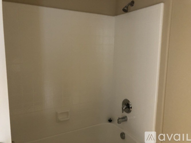 A white bathroom shower with a silver handle.