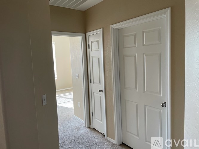 A hallway with two doors and a carpeted floor.