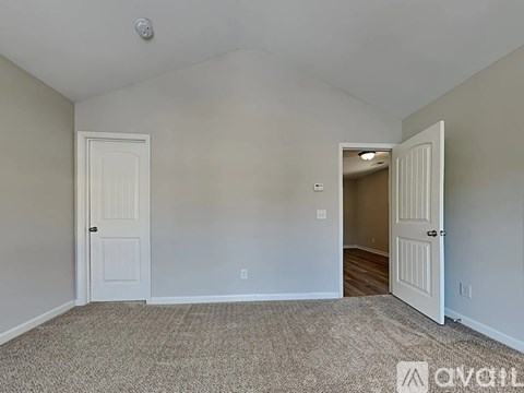 A room with two doors and a carpeted floor.