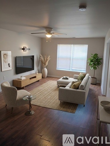 A living room with a television, a couch, a chair, a potted plant, and a rug.