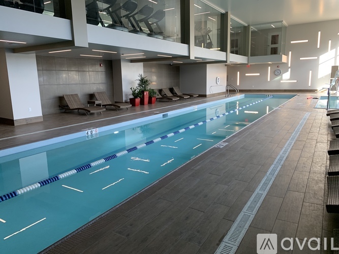 A large indoor swimming pool with lane markers and a bench area.