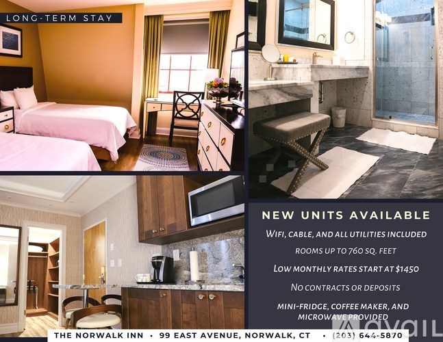 A hotel advertisement showcasing a bedroom and a bathroom with a sign that reads "NEW UNITS AVAILABLE".