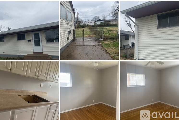A collage of four images showing the exterior and interior of a house for sale.