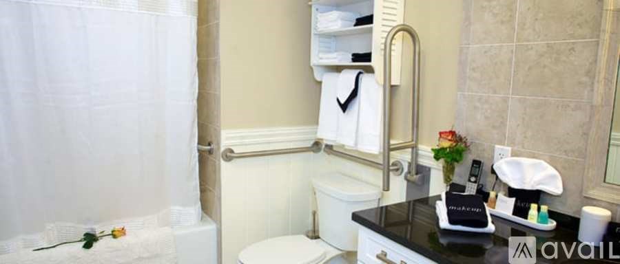 A bathroom with a toilet, sink, and shower curtain.