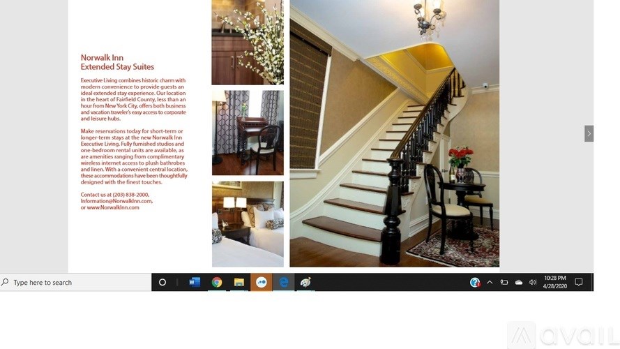 A webpage displays Norwalk Extended Stay Suites with a photo of a room and staircase.