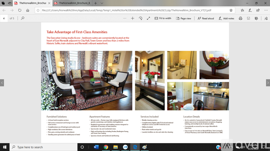 A webpage with a header reading "Take Advantage of First-Class Amenities" and images of a living room and kitchen.
