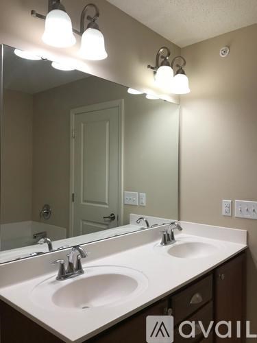 A bathroom with a double sink vanity and a mirror above it.