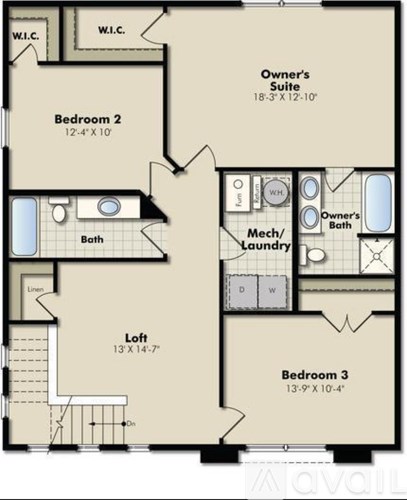 A floor plan of a home with three bedrooms and a loft.