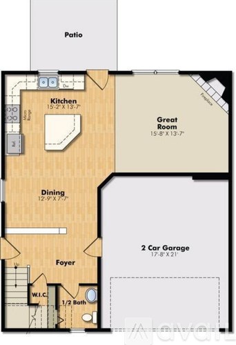 A floor plan of a house with a patio, kitchen, great room, dining room, foyer, 2 car garage, and 1/2 bath.