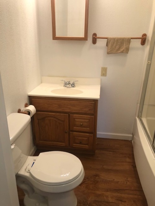 A white toilet sits next to a sink in a small bathroom.