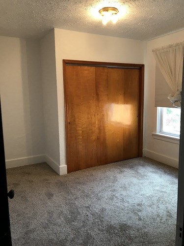 A room with a wooden door and carpeted floor.