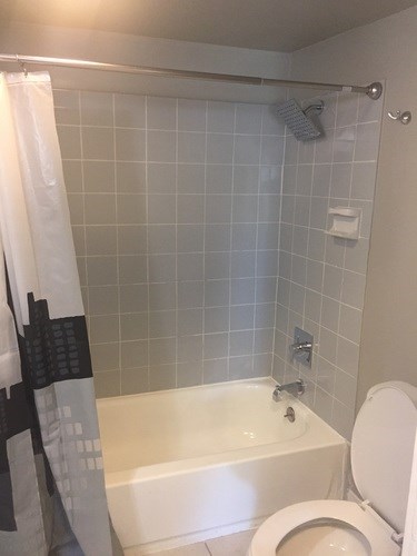 A white toilet sits next to a bathtub in a bathroom.