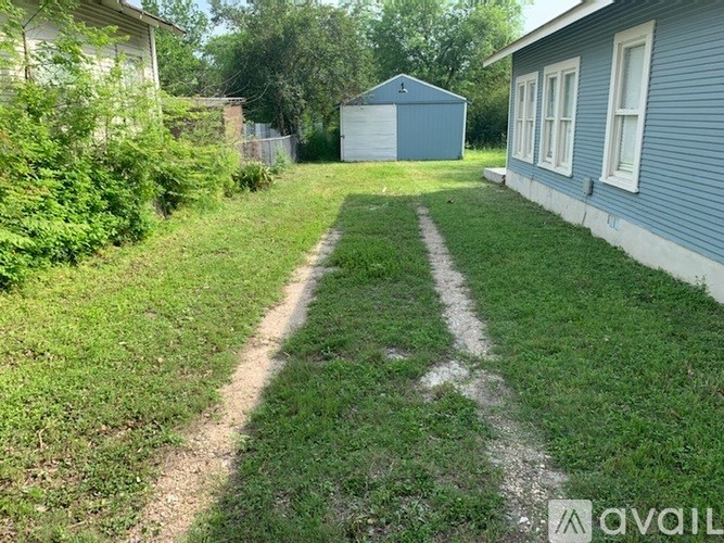 A pathway leads to a blue shed in a grassy area.