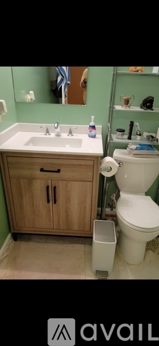 A bathroom with a toilet, sink, and a cabinet.