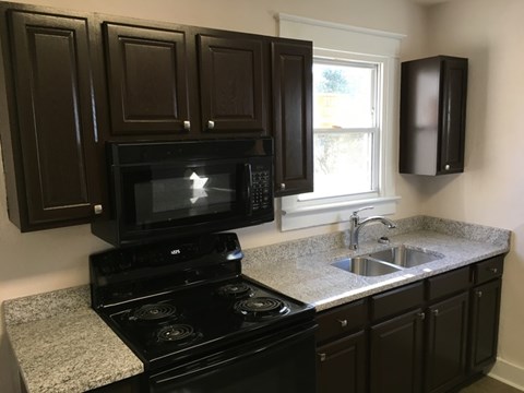 A kitchen with black appliances and cabinets.