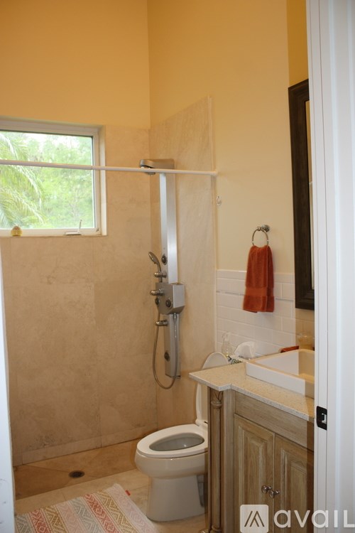 A bathroom with a toilet, sink, and shower.