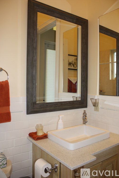 A bathroom with a sink, mirror, and toilet paper.
