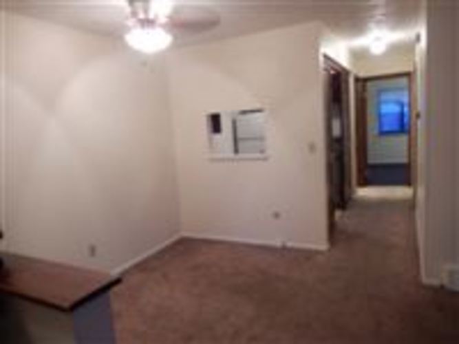A room with a brown carpet and a white wall.