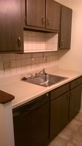 A kitchen with a sink and brown cabinets.