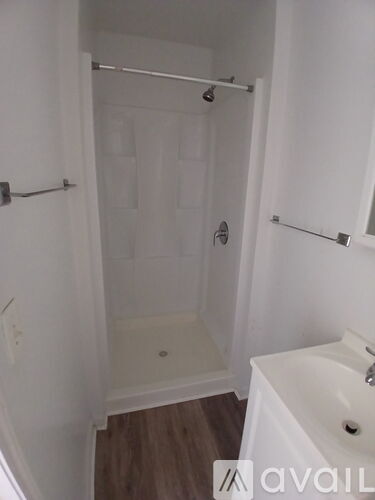 A white bathroom with a walk in shower and a white sink.