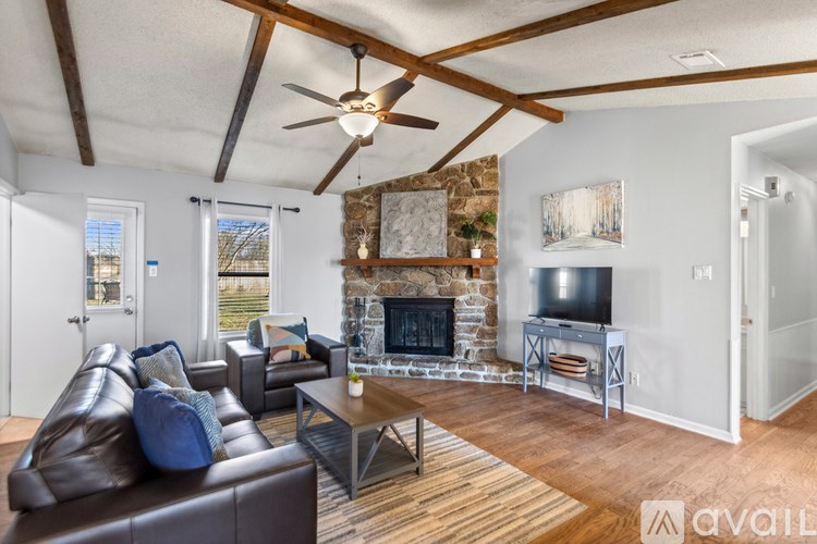 A living room with a fireplace and a television.