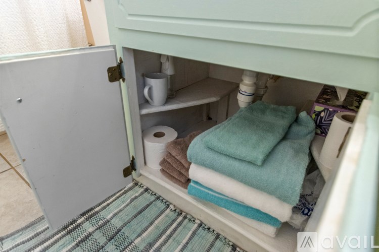 A white cabinet with a cup and towels in it.