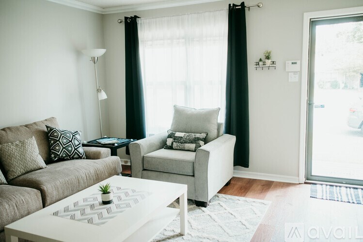 A living room with a grey couch, a white armchair, a white coffee table, and a small potted plant on the table.