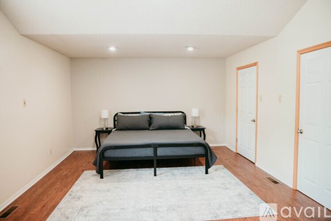 A bedroom with a black bed and a white rug.