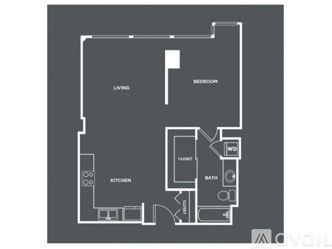 A floor plan of a living space with a kitchen, bathroom, and bedroom.