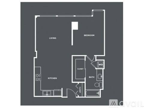 A floor plan of a living space with a kitchen, bathroom, and bedroom.