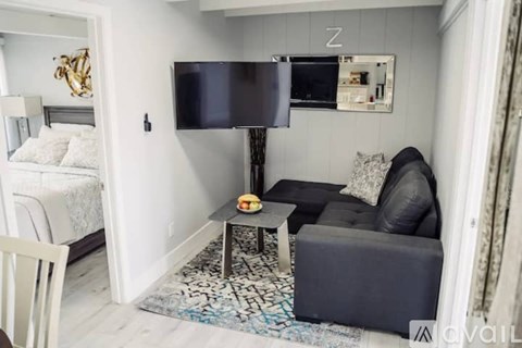 A living room with a grey couch and a black television.
