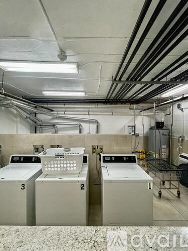 A laundry room with three washing machines labeled 1, 2, and 3.