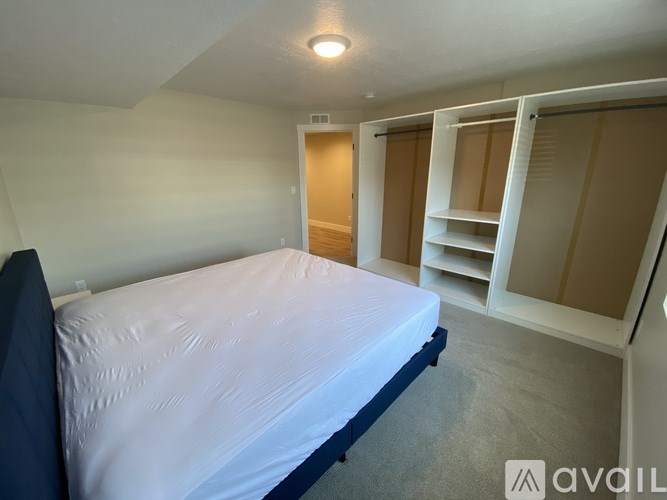 A bedroom with a bed, shelves, and a closet.