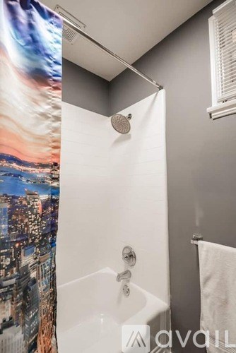 A shower curtain with a cityscape and a sky design.