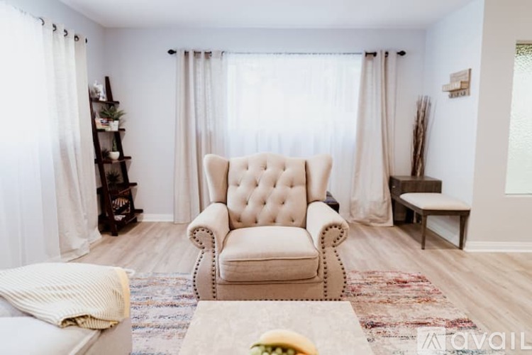 A living room with a white chair and a rug.