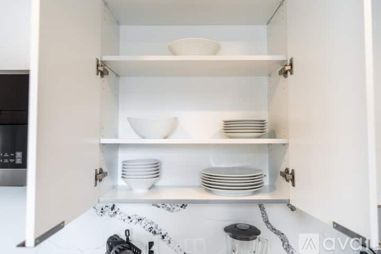 A kitchen cabinet with plates on the shelves.