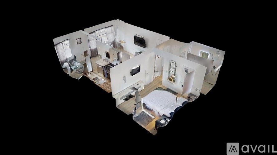 A top-down view of a house interior with a kitchen, living room, and bedrooms.