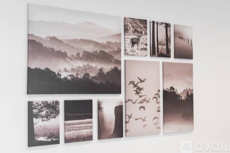 A wall with a collection of framed photographs depicting various landscapes and scenes.