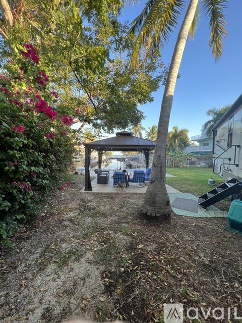 A gazebo is surrounded by a tree and a hedge.